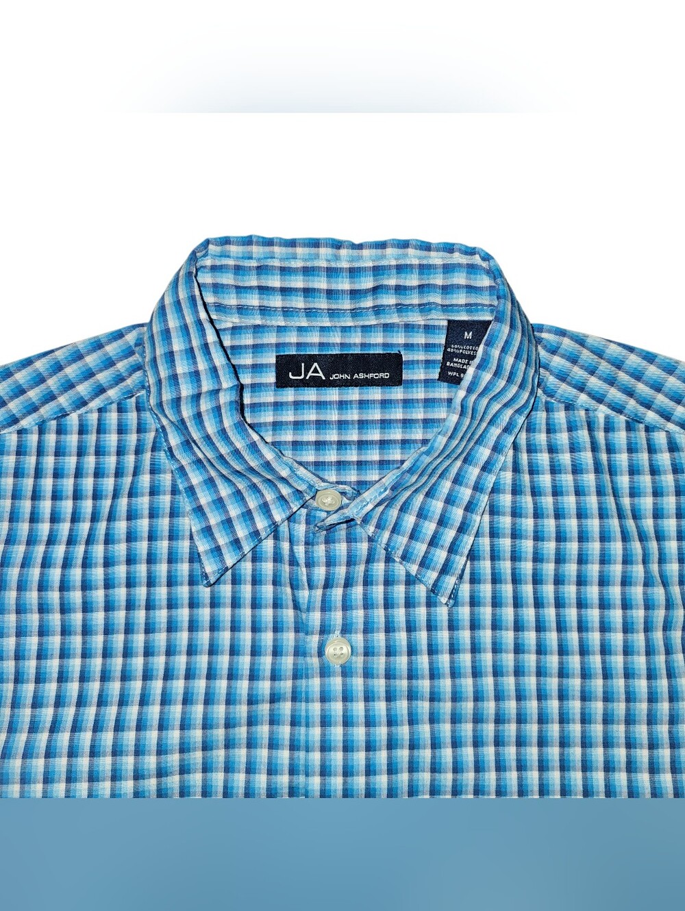 John Ashford Men's M Blue Plaid Long Sleeve Button-Up Shirt Cotton Point Collar